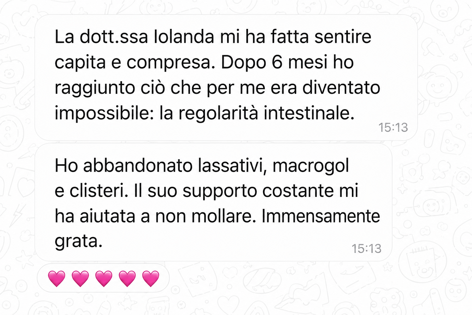 Testimonianza WhatsApp sulla regolarità intestinale ritrovata