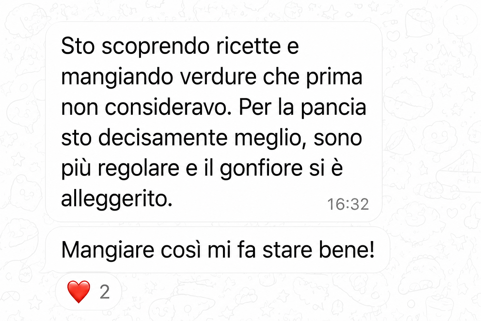Testimonianza WhatsApp su nuove ricette e riduzione del gonfiore