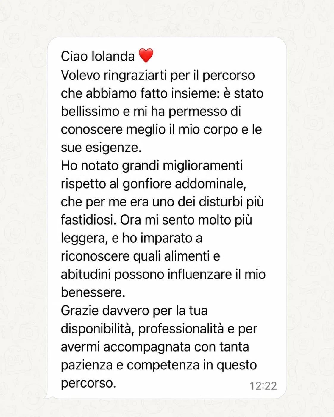 Messaggio di una persona che segue il Metodo Intestino Sereno